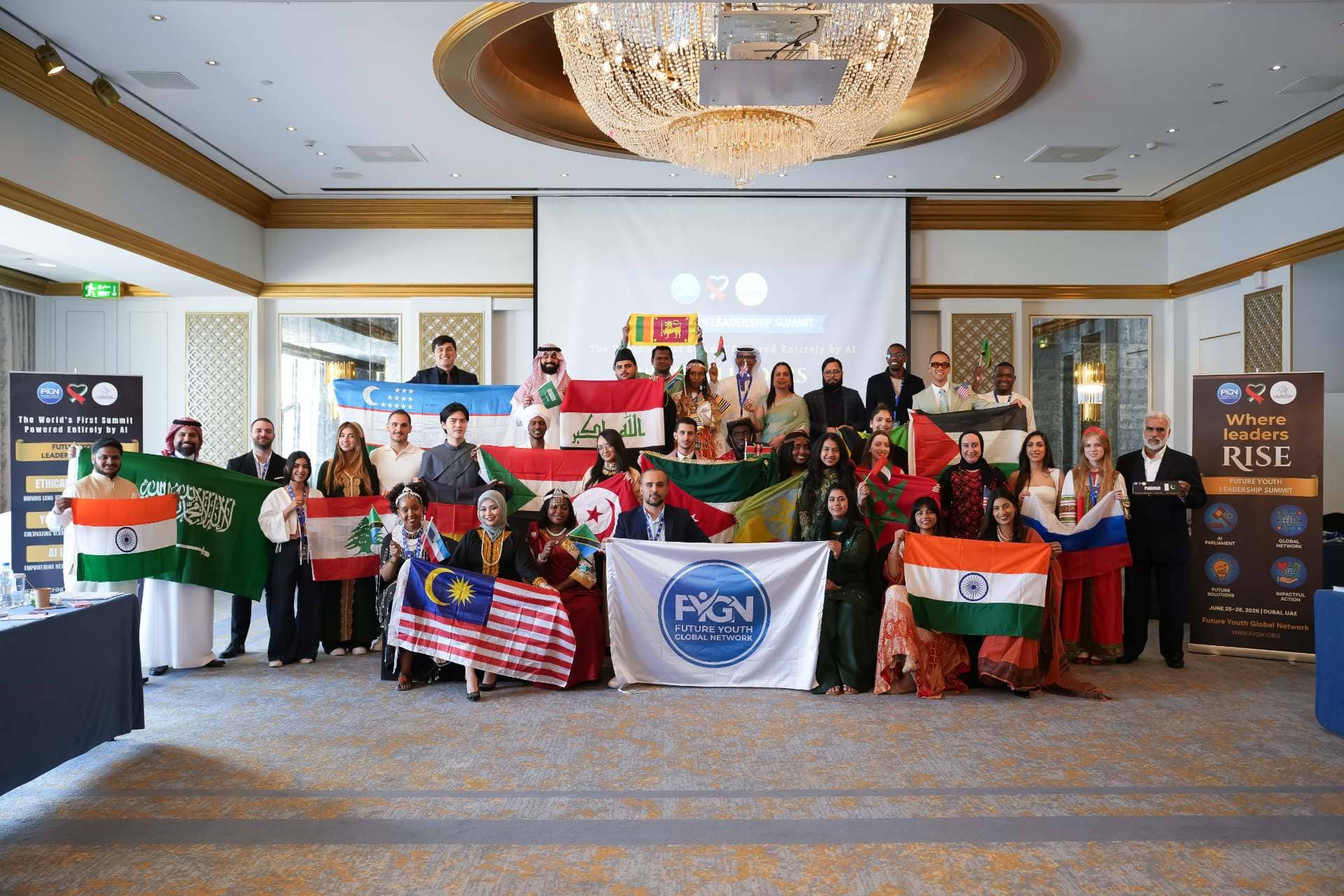 FYGN delegates from more than twenty countries holding their national flags at the Dubai summit